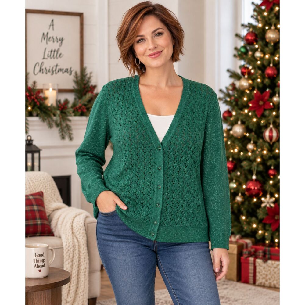 Merona XXL Green Sparkle Openwork Cardigan Sweater Jeweled Buttons #22
